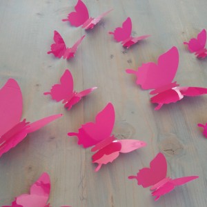 Set 12 glans vlinders roze fuchsia